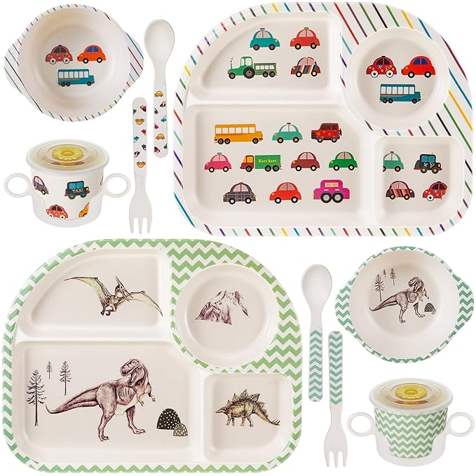 Roshtia 10 Pcs Cartoon Bamboo Kids Dinnerware Set Dinosaur Car Plate and Bowl Set Dishwasher Safe Kids Dish Set Toddler Plates and Utensils Set Car Dinosaur Forks and Spoons for Kids with Cup