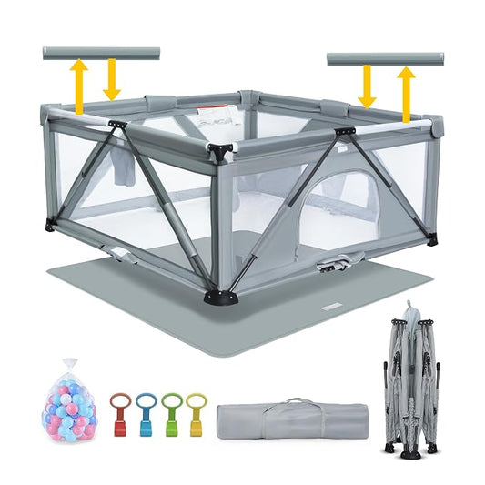 Baby Playpen Foldable, Heyo.Ja Large Play Yard, Playpen for Babies and Toddlers, Play Pens for Babies and Toddlers with Gate, Indoor & Outdoor Portable Play Pen (Washable 71x59in, Cold Grey)