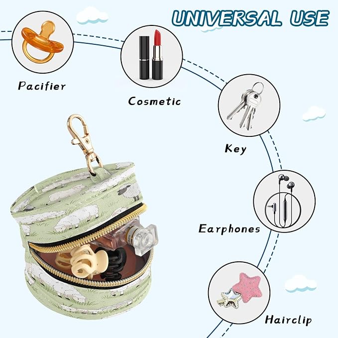 Kigai Pacifier Holder for Diaper Bag & Stroller Cute Sheep Portable Pacifier Case with Clip & Zipper Travel Binky Holder Pouch Baby Essentials for Boys & Girls
