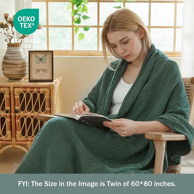 EMME Cotton Muslin Twin Blanket Forest Green 60"x80" Breathable Gauze Blanket Soft Lightweight Blankets