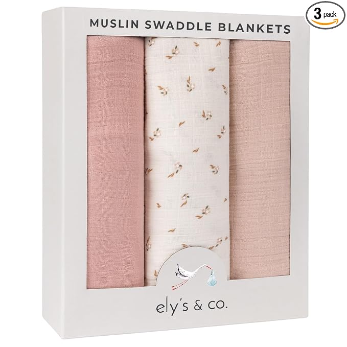 Ely's & Co. Muslin Swaddle Blankets 3-Pack for Baby Girl, 100% Cotton Muslin Extra Large Swaddle Receiving Blankets, 47”x47” (Pink-Cream Floral)