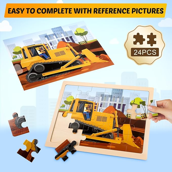 Wooden Vehicle Puzzles for Kids Age 3 4 5 Year Old, 4 Pack 24 Pcs Montessori Toddler Jigsaw Puzzles for Girl boy Activities Preschool Learning Educational Birthday Gift Travel Autistic Wooden Toys