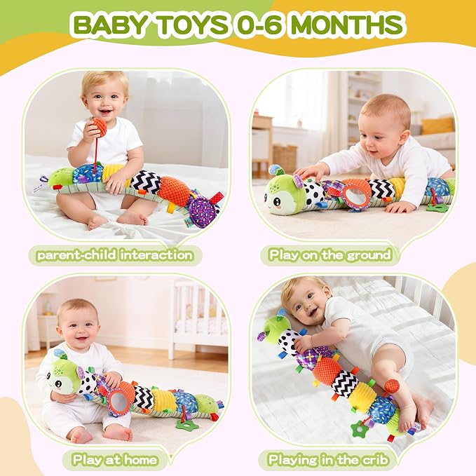 Baby Toys 0-6 Months, Musical Toys for Green Caterpillar, Infant Stuffed Animal Soft Sensory Toys with Crinkle、 Rattles and Textures, Tummy Time Toys for Newborn Boys Girls 0 3 6 12 Months