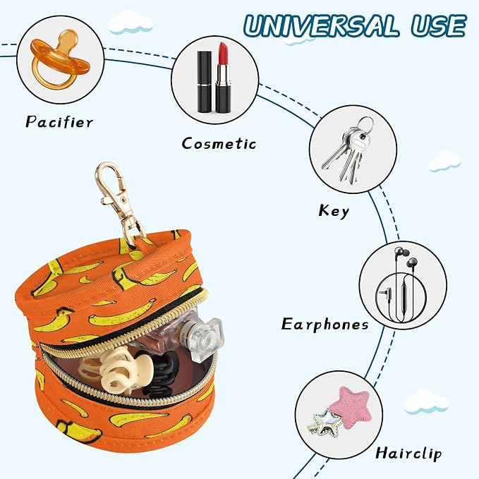 Pacifier Holder with Clip Pacifier Case for Diaper Bag Round Baby Pacifier Pouch Box Bag Portable Orange Banana