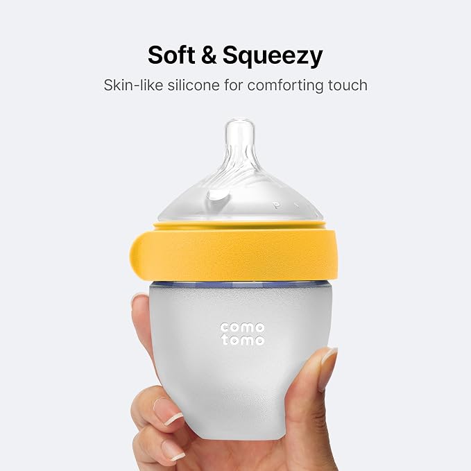 Comotomo Silicone Baby Bottle Gen 2 – 2026 Release (5oz) – True Slow-Flow Nipple for Newborn Feeding (0-3 Months) with Dual Anti Colic Vents for Breast to Bottle Transition, Yellow