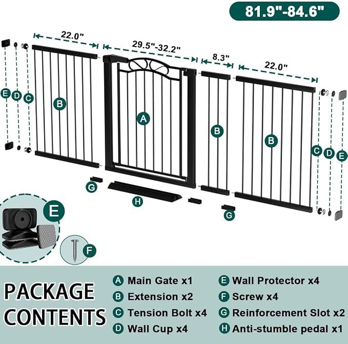 Fairy Baby 81.9"-84.6" Extra Wide Baby Gate for Stairs, Pressure Mounted Auto Close Child Safety Gate with Door No Drill, Large Long Pet Dog Gate for the House Doorways, 82 83 84 Inches Wide, Black