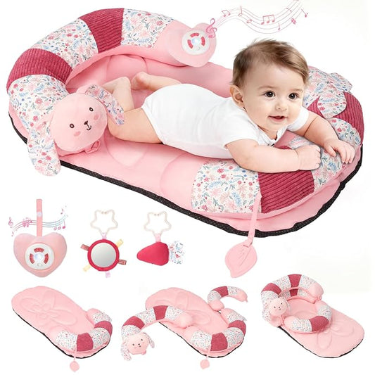 2-in-1 Tummy Time Activity Mat & Seated Support with 5 Toys, Baby Floor Seat for Tummy Time, Soft, Non-Slip, Musical Stuffed Toys, Sensory Development Gifts for Newborn Babies