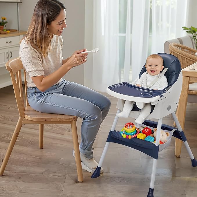 Ktaxon Foldable Baby High Chair, 2-in-1 Portable Convertible Highchair with 5-Point Safety Harness, Easy to Clean Tray and Storage Bag for Toddlers & Babies, Navy Blue