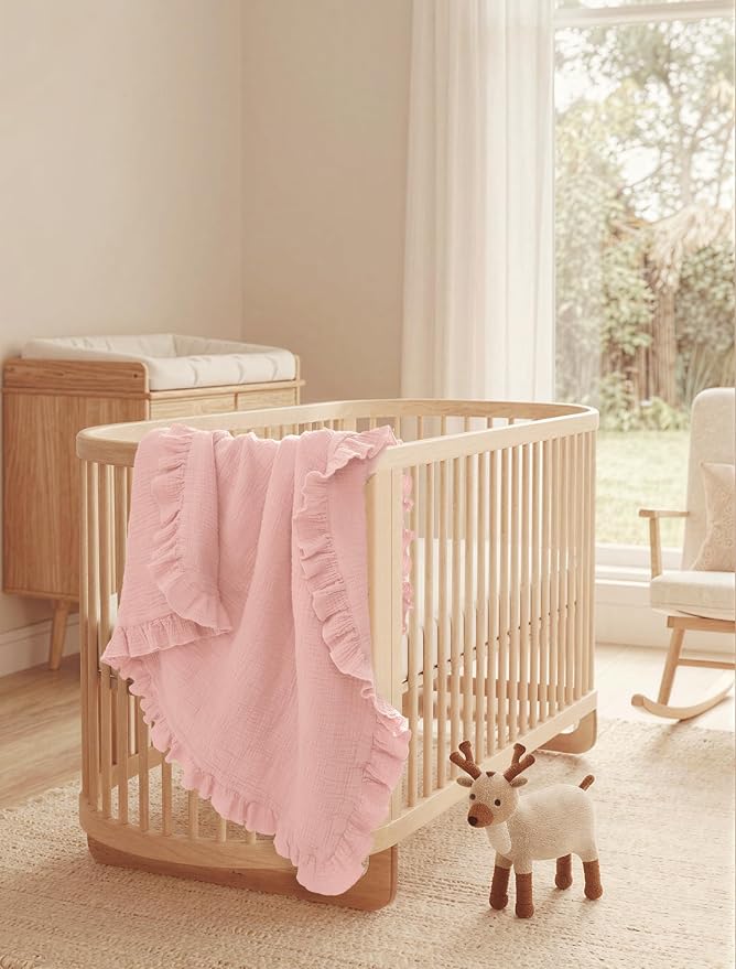 lulumoon Ruffle Baby Blanket for Girls: Soft Muslin Cotton Newborn Photo Backdrop - Lightweight Crib Blanket for Nursery Decor & Baby Registry Gift 40"x36"(Pink)
