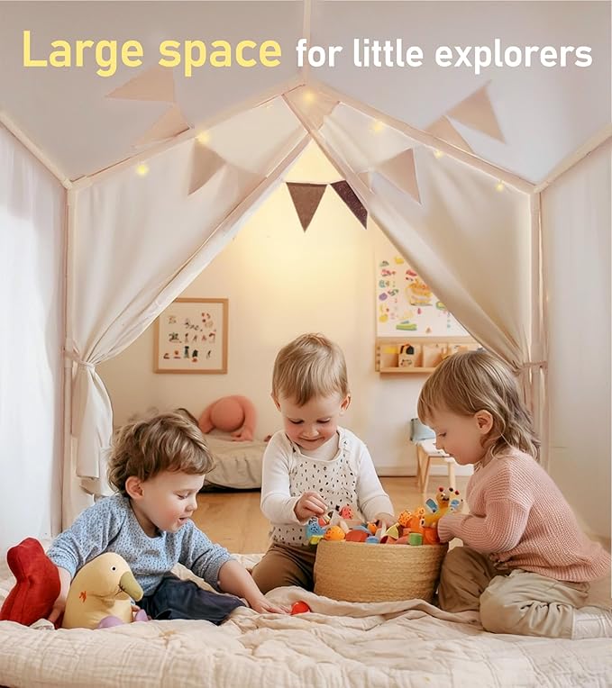 Little Dove Kids Tent, Play Tent with Star Lights, Large Play Tents with 2 Windows, Kids Playhouse Indoor & Outdoor, Reading Nook, Christmas Toddler Tents for Girls & Boys, 52" x35" x 51", Cream