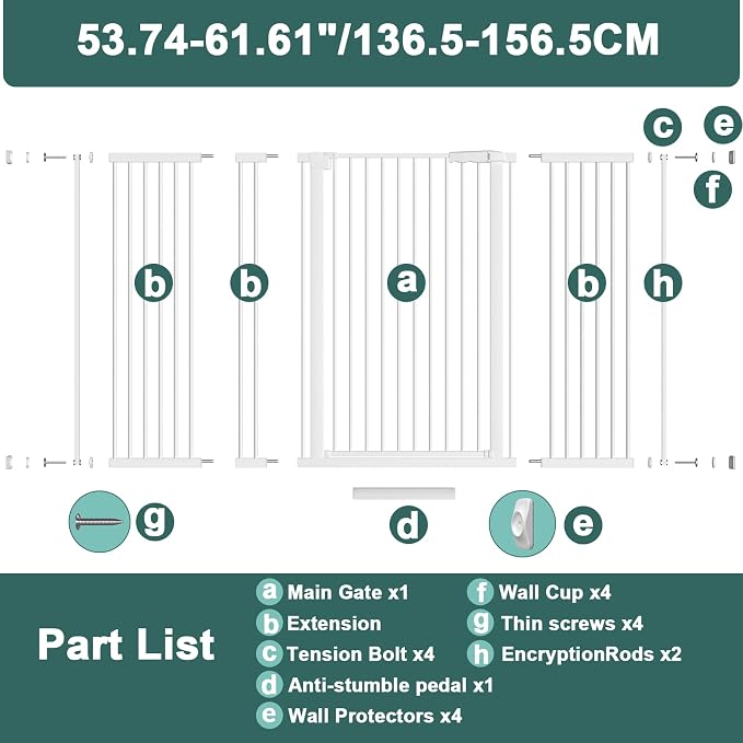 AiWMGL 40.55" Tall, 53.74-61.61 Inch Wide, 1.37" Ultra Narrow Spacing Dog Pet Baby Gate Indoor for Doorway Hallway, Pressure Mounted 54 55 56 57 58 59 60 61 Inches Wide