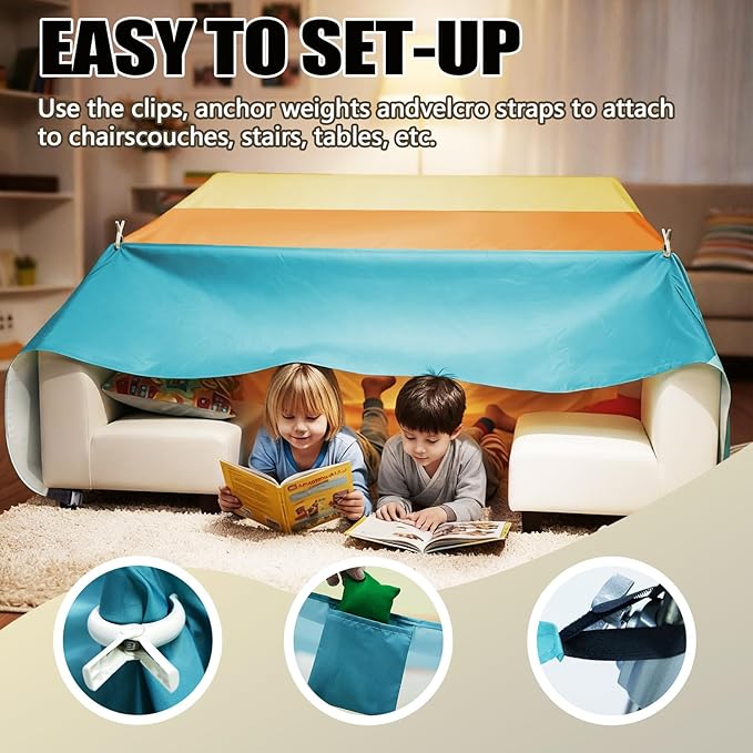 Magic Kids Fort Building Kit, 3 * 3m Large Blanket Fort Making Kit Clips Portable Playhouse Play Tent Fort - Indoor/Outdoor Girls/Boys Toys Ages 4-8-12