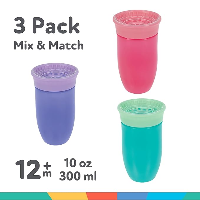 Nuby Wonder Cup - Spill-Proof Toddler Sippy Cups - (3 Pack) 10 oz - Sip from All Sides - Leak Resistant - Spoutless Transition Cup - Aqua/Purple/Pink