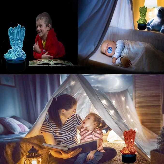 Groot 3D Night Light,Kids 7 Color Touching Decor Table Light,Optical Illusion 16 Colors Change with Remote Control Birthday Gifts for Baby Amazing Light (A 16 Color with RF)