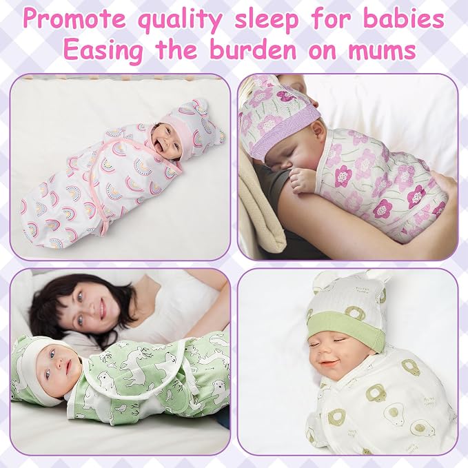 Ramede 6 Pack Swaddle Blanket with Hats for Baby Girl Boy 100% Cotton Swaddles 0-3 Months, Adjustable Breathable Skin Friendly Receiving Blanket Wrap, Essential for Newborns(Flower,Pink and Green)