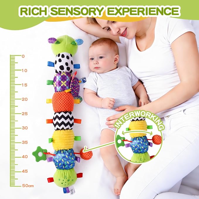 Baby Toys 0-6 Months, Musical Toys for Green Caterpillar, Infant Stuffed Animal Soft Sensory Toys with Crinkle、 Rattles and Textures, Tummy Time Toys for Newborn Boys Girls 0 3 6 12 Months