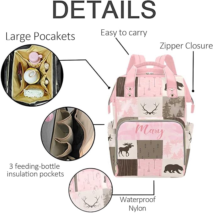 Personalized Woodland Deer Bear Diaper Bag with Name – Custom Baby Bag, Nursing Tote Backpack for Mom, Custom Name Mommy Daypack, Shower Gift for Baby