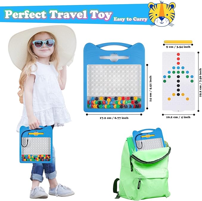 Magnetic Drawing Board for Kids, Toddler Magnet Doodle Board with Beads and 2 Pens, Magnetic Dot Art Toys, Airplane Car Travel Activities (Blue Cat)