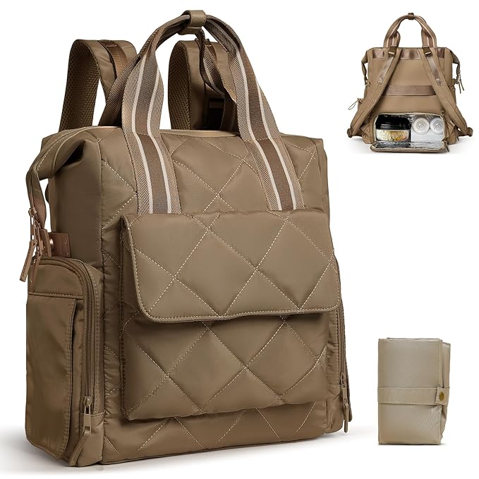 Omanmoli Diaper Bag Backpack Quilted Baby Diaper Bag Lunch Backpack Pañaleras Para Bebe for Working Moms with 11 Pouches,Large Insulated Cooler Compartment,Stroller Straps,Changing Pad,Brown