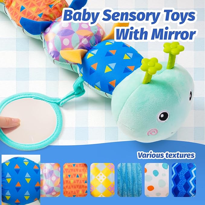 Baby Toys 0-6 Month, Musical Caterpillar Baby Rattle, Plush Sensory Toy with Mirror, Crinkle Textures, Newborn Developmental Tummy Time Stuffed Animal for Infants Boys Girls 6-12 Months (Blue)