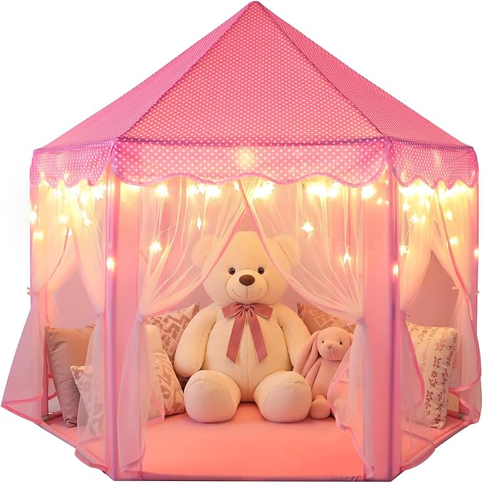 Sumbababy Princess Castle Tent for Girls Fairy Play Tents for Kids Hexagon Playhouse with Fairy Star Lights Toys for Children or Toddlers Indoor or Outdoor Games (Pink)