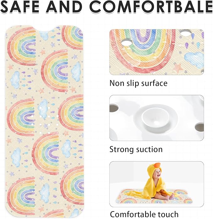 Rainbow Boho Bathtub Shower Mat Cute Cloud Non-Slip Tub Extra Long Bath Floor 40X16 Inch Machine Washable for Bathroom Tub Bath Mat for Toddler and Baby