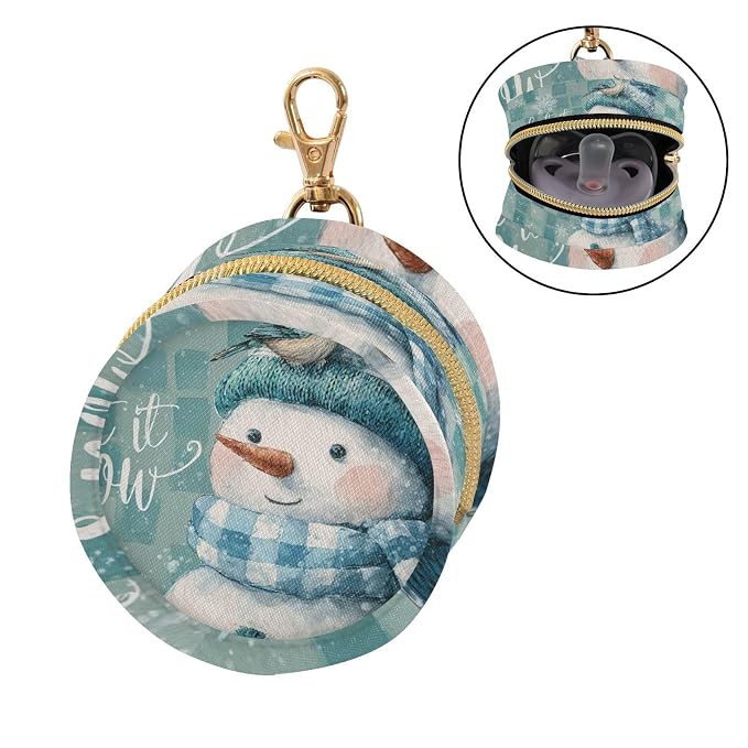 Pacifier Holder with Clip Pacifier Case for Diaper Bag Round Baby Pacifier Pouch Box Bag Portable Christmas Snowman Blue White Checkered