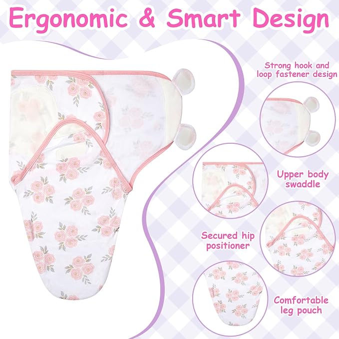 Ramede 6 Pack Swaddle Blanket with Hats for Baby Girl Boy 100% Cotton Swaddles 0-3 Months, Adjustable Breathable Skin Friendly Receiving Blanket Wrap, Essential for Newborns(Flower,Pink and Green)