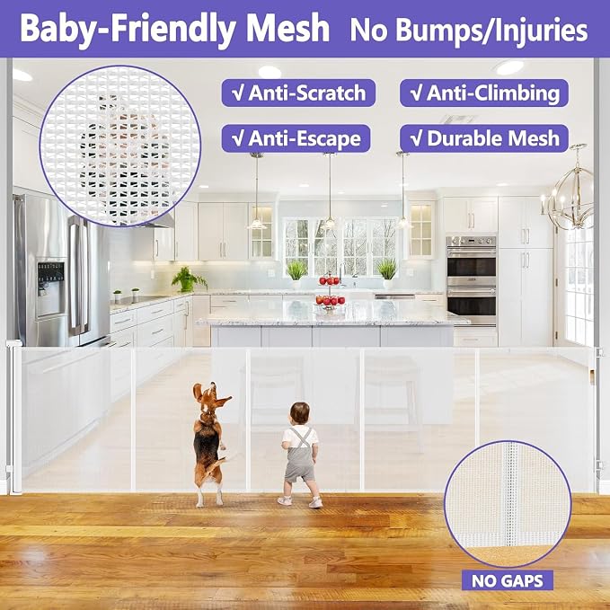 Reinforced 42" Tall Retractable Baby Gates 96" Wide Retractable Dog Gate with Support Rods-Prevent Crawling Under Long Baby Gate Extra Tall Dog Gate Indoor/Outdoor Retractable Gate, White