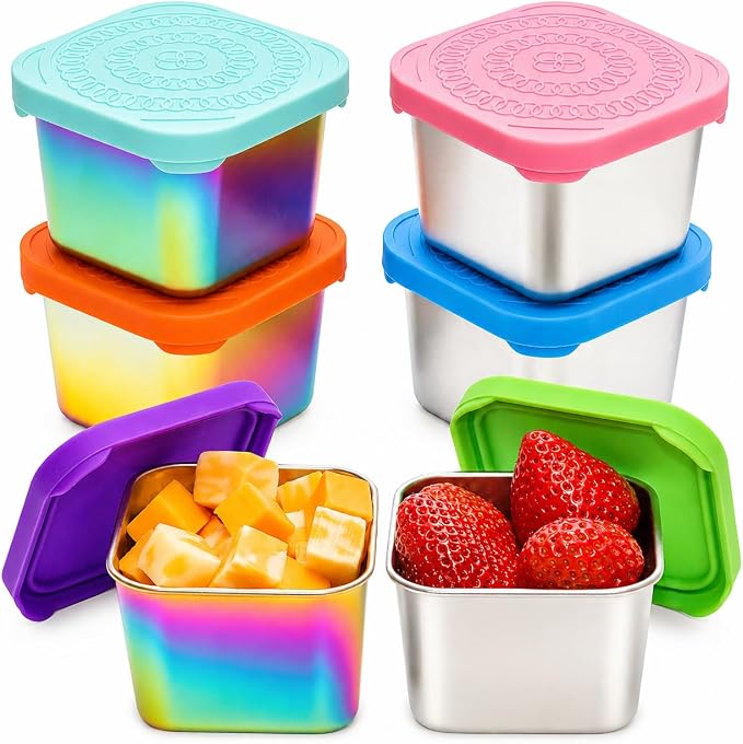 Rainbow Stainless Steel Snack Containers with Lids – Reusable Leakproof BPA Free Metal Snack Cups for Kids Lunch Boxes, School, Travel & Snacks – 6 Pack