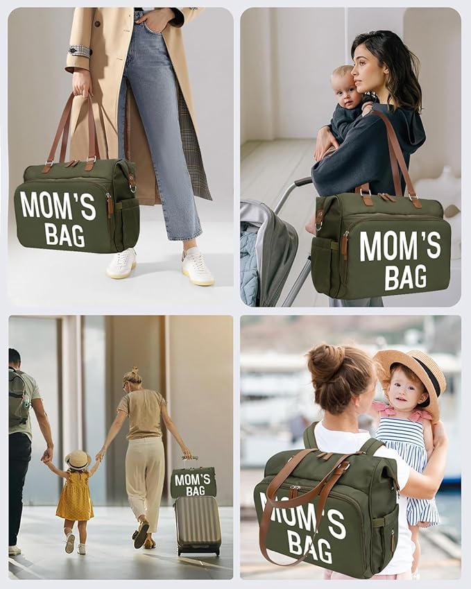 Pripher Mom‘s Diaper Bag 4 in 1 Diaper Baby Tote, Hospital Bag for Labor & Delivery, Large Waterproof Baby Travel Weekender with 3 Insulated Pockets,Olive Green