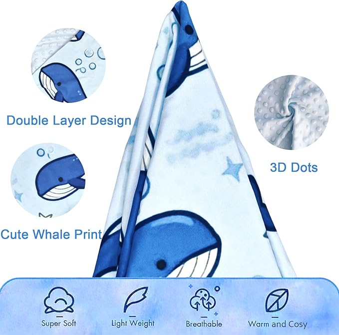Whale Baby Blanket for Boys Girls, Ocean Soft Double Layer Minky Receiving Blankets with Dotted Backing for Newborn Toddler Nursery Crib Stroller Car Seat 29.5'' x 39.3''