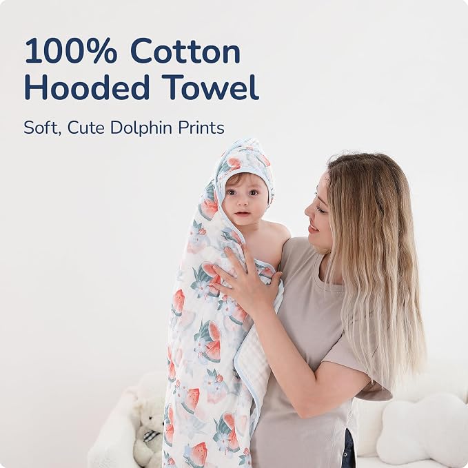 Baby Hooded Towel 2 Pack, Ultra Absorbent & Soft Muslin Baby Towel - 32 x 32 Inches, Baby Bath Towel for Newborns, Infants & Toddlers, Ideal for Bath Time, Pool & Beach