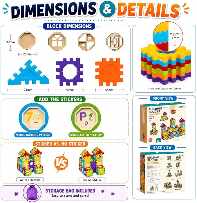 Building Blocks for Toddlers 3-5, 186 Pcs Toy Building Sets - STEM Building Toys, Interlocking Building Blocks for Toddlers and Kids with Storage Bag, for Boys and Girls