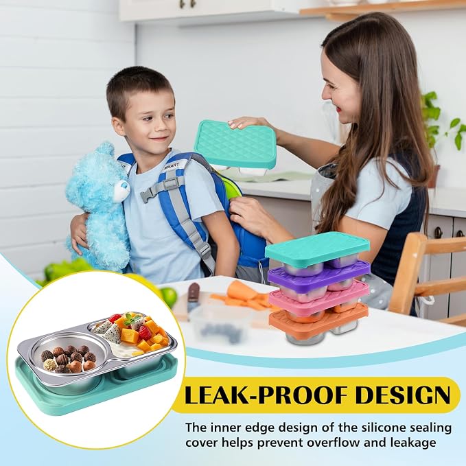 2 Pack Stainless Steel Snack Containers, 2 Compartment Snack Container with Silicone Lids, Easy Open Leak Proof Reusable Metal Toddler Snack Containers for Daycare (purple, blue)