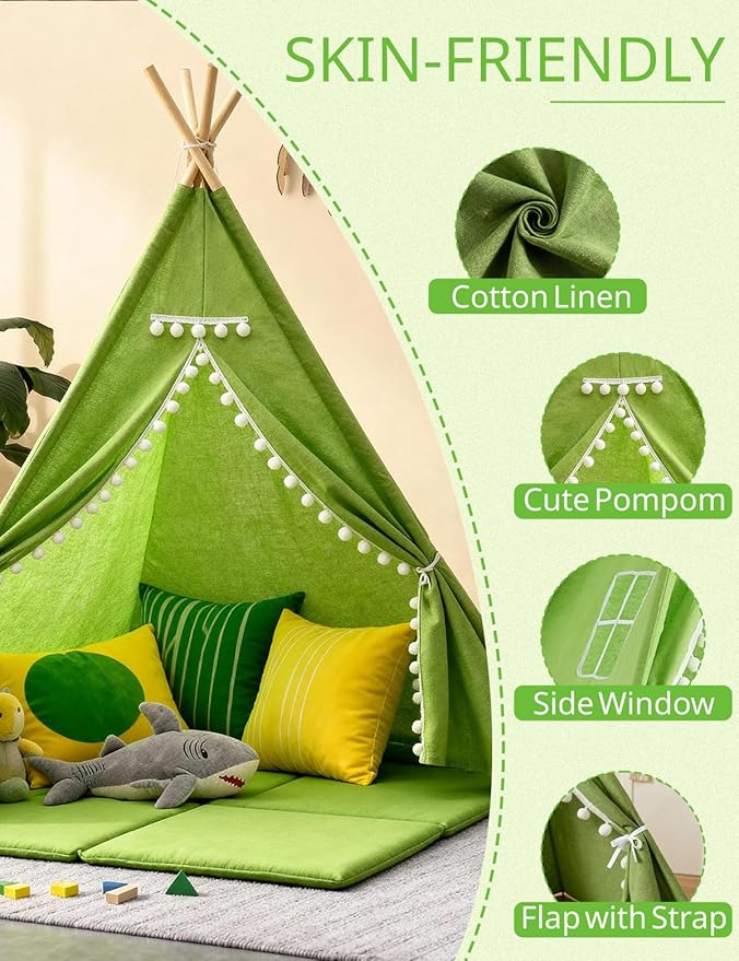 2 Pack Teepee Tent for Kids, Children Play Tents for Girls & Boys Slumber Party, Cotton Linen Playhouse Sleepover Tent with Pompom & Lights