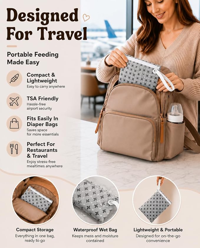 Travel Silicone Baby Feeding Set with 316 Stainless Steel Spoon & Fork, Silicone Suction Plates, Foldable Bib, Storage Bag - Portable Infant Toddler Utensils, 6-Piece BPA-Free Dishware Kit (Beige)