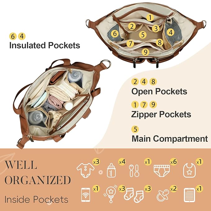 miss fong Diaper Bag Tote Leather Diaper Bag Backpack Pañaleras Para Bebe with 15 Pockets,Leather Diaper Tote with Diaper Changing Pad, Baby Bag for Moms Mommy Bag for Women