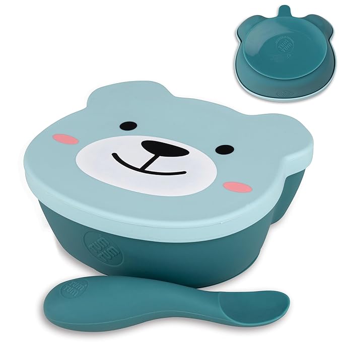 TUM TUM Suction Bowl for Baby, Toddler Bowl with Lid & Spoon, for Babies & Toddlers 6 Months+, BPA Free Silicone Baby Feeding Set, Microwave/Dishwasher/Freezer Safe, Boris Bear, Blue
