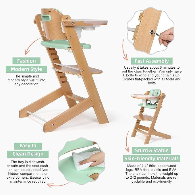 Cowiewie 3-in-1 Convertible Natural Wooden High Chair for Babies & Toddlers 3-Tier Remove & 2 Adjustable Wood Tray & 8 Levels Adjustable, 2 Waterproof Cozy Cushions Green