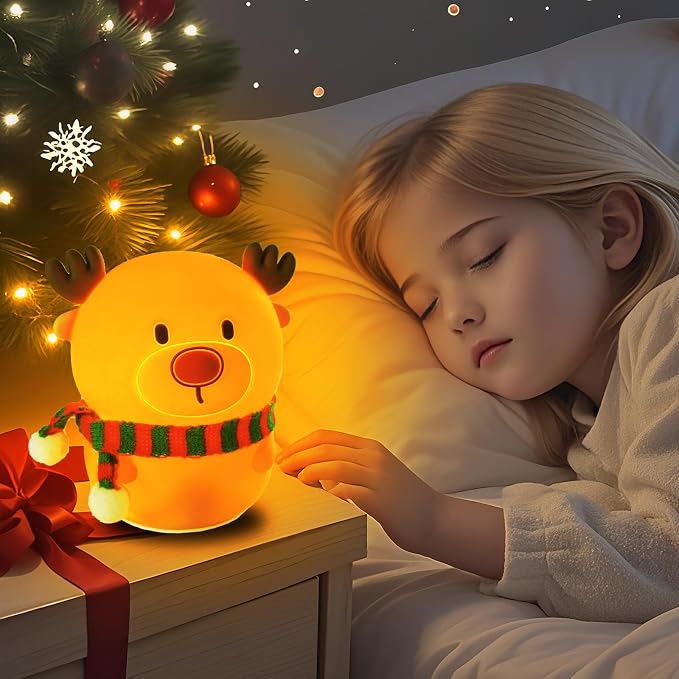 Colorful Life Silicone Reindeer Night Light – Tap Control Cute LED Bedside Lamp for Kids, Baby, Adults – Soft Glow, Rechargeable, Nursery/Bedroom(Cute Reindeer, Light up When patted)