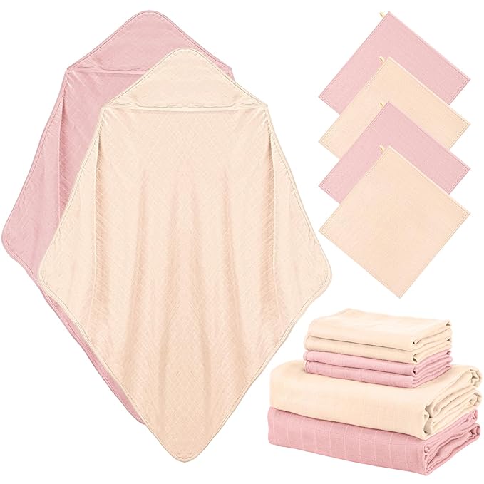 Preboun 6 Pcs Muslin Hooded Baby Towels and Washcloths 32"x 32" Cotton Newborn Bath Towel Anti-Shrink Infant Baby Blankets with Hood 12"x 12" Washcloths for Girl Boy Toddler(Ivory,Pink)