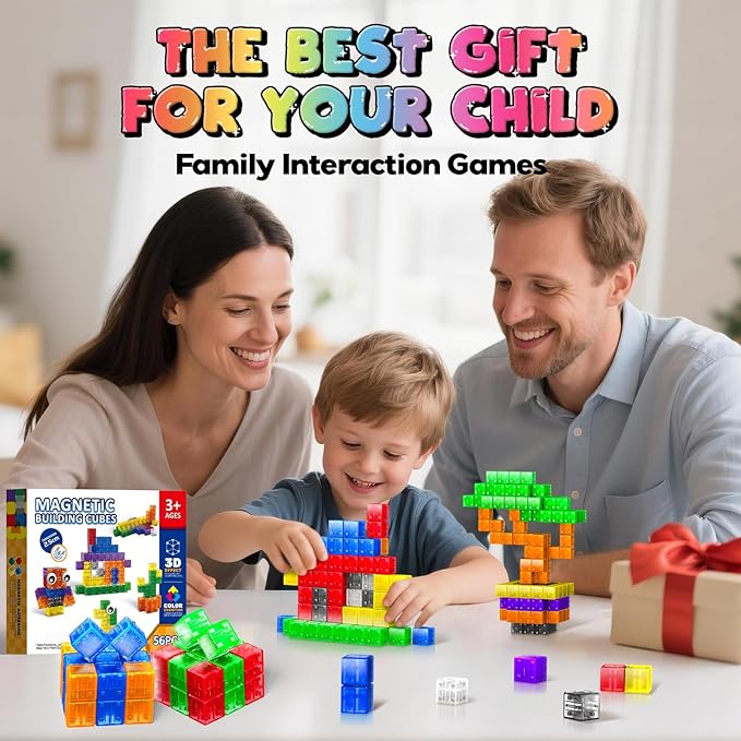 Goody King Large Magnetic Building Blocks with Toy Eyes, Montessori Sensory STEM Magnetic Cubes for Kids, 1''Travel Magnetic Blocks for Toddlers 3 4 5-8+ Year Old Boys Easter Birthday Girls(56PCS)