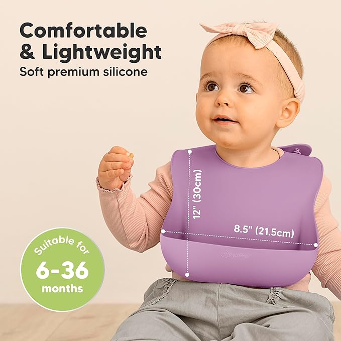 KeaBabies 2-Pack Silicone Bibs for Babies, Toddlers Girl, Boy ??Sturdy Food-Grade Baby Bibs for Eating, Large Food Catcher, Clean & Put On Easily, Waterproof Toddler Feeding Essentials (Amethyst)