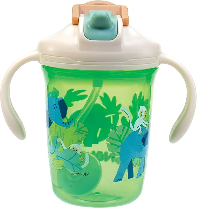 Nuby 2-in-1 Toddler Cup with 360° Weighted Straw & Hard Spout - (2 Pack) 8 oz - Leak-Resistant & Easy Grip Handles - Dishwasher Safe - Jungle/Ocean