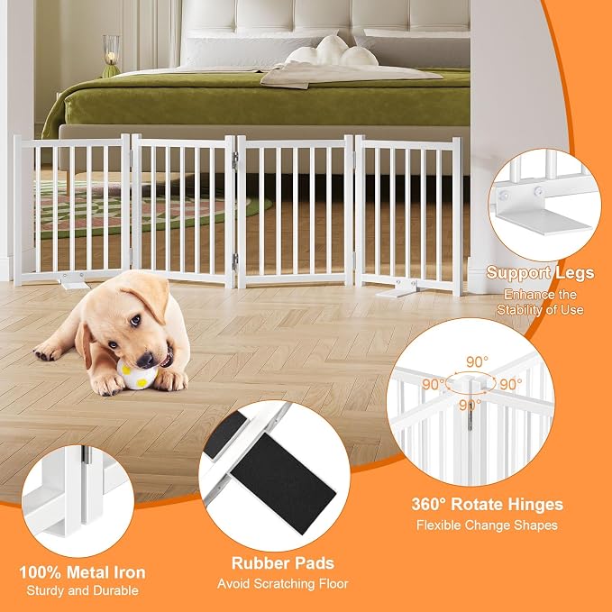 Snughome 2 Pack Short Dog Gate Indoor, 16" High Freestanding Small Dog Gates with Support Feet, Expand Up to 48’’Wide Foldable Pet Gate for Doorway, 8 Panel Pet Door Pet Fence for Puppy, White