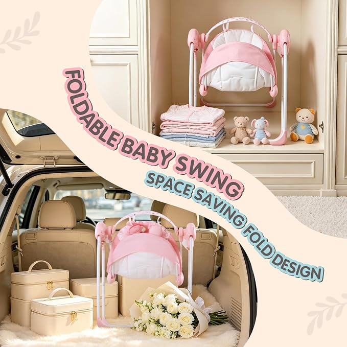 Baby Swing for Infants, Compact Foldable with 5 Speeds, Music & Soothing Vibration, Cute Floral Pattern Soft Cushion Seat,Timer & Removable Bar, Indoor Use, 0-9 Months (6-20 lbs) Pink