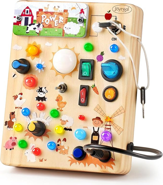 Joyreal Wooden Busy Board with LED Light, Montessori Toddler Toys, Wooden Sensory Board, Toddlers Activity Travel Toys for Boy & Girl Birthday Gift (Farm Theme)