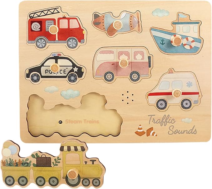 Freniland Transportation Sound Puzzle for Toddlers, Wooden Vehicle Sound Puzzle with Realistic Sounds, Educational Toy for 18M+