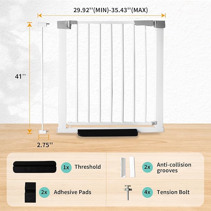 41 Inch Tall Baby Gate Auto Close Dog Gate Adjustable 29.92"-35.43" Wide Pressure Mounted Walk Through Swing Pet Gate for Doorways (White, 29.92"-35.43" Wide)